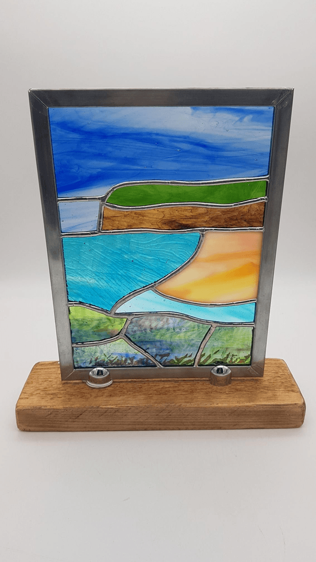 Newport from the cliff tops - Timber mounted stained glass panel